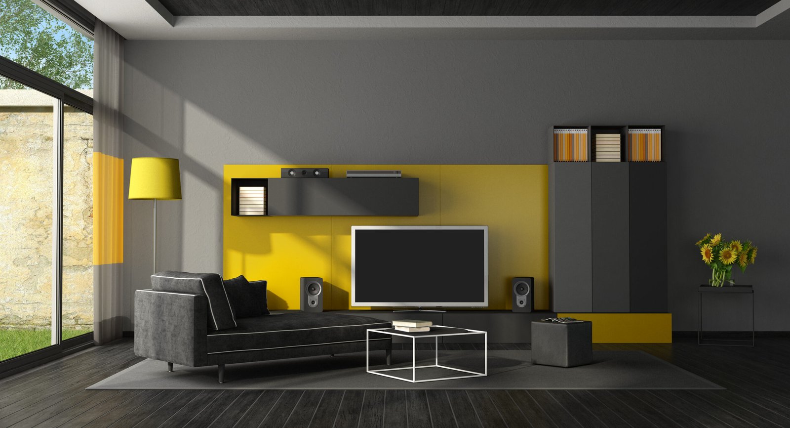 Black and yellow living room with tv set and chaise lounge - 3d rendering